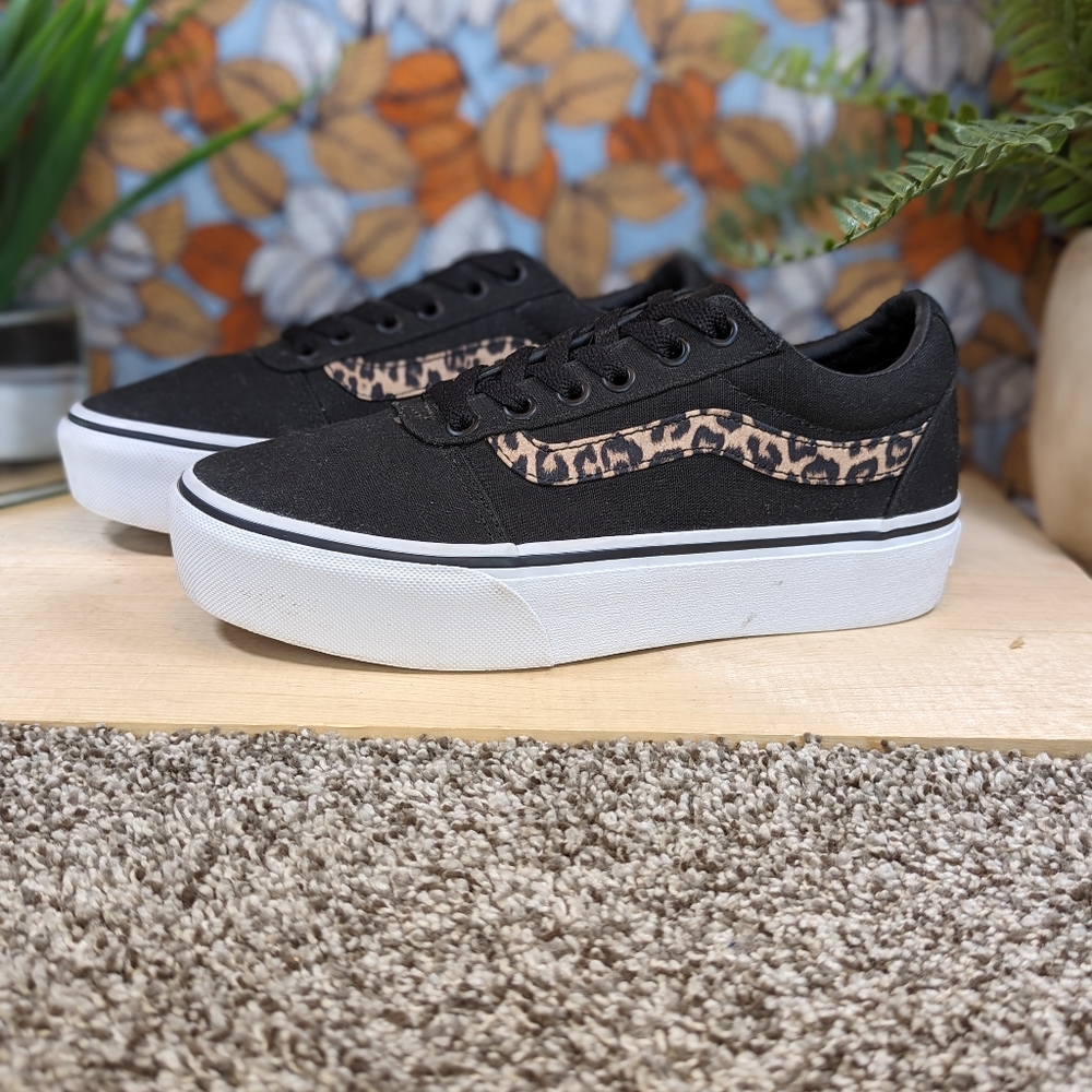 Vans Black and Leopard Print Athletic Shoes